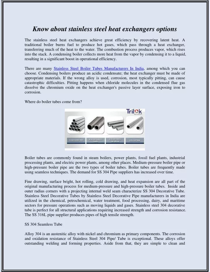 Ppt Know About Stainless Steel Heat Exchangers Options Powerpoint