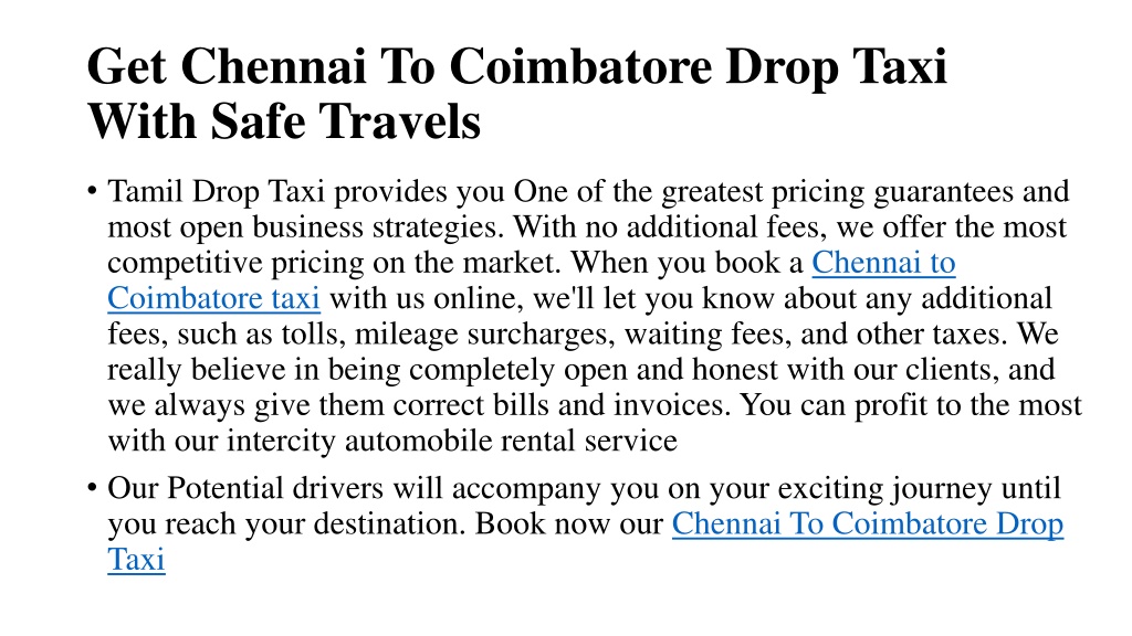 Ppt Get Chennai To Coimbatore Drop Taxi With Safe Travels Powerpoint