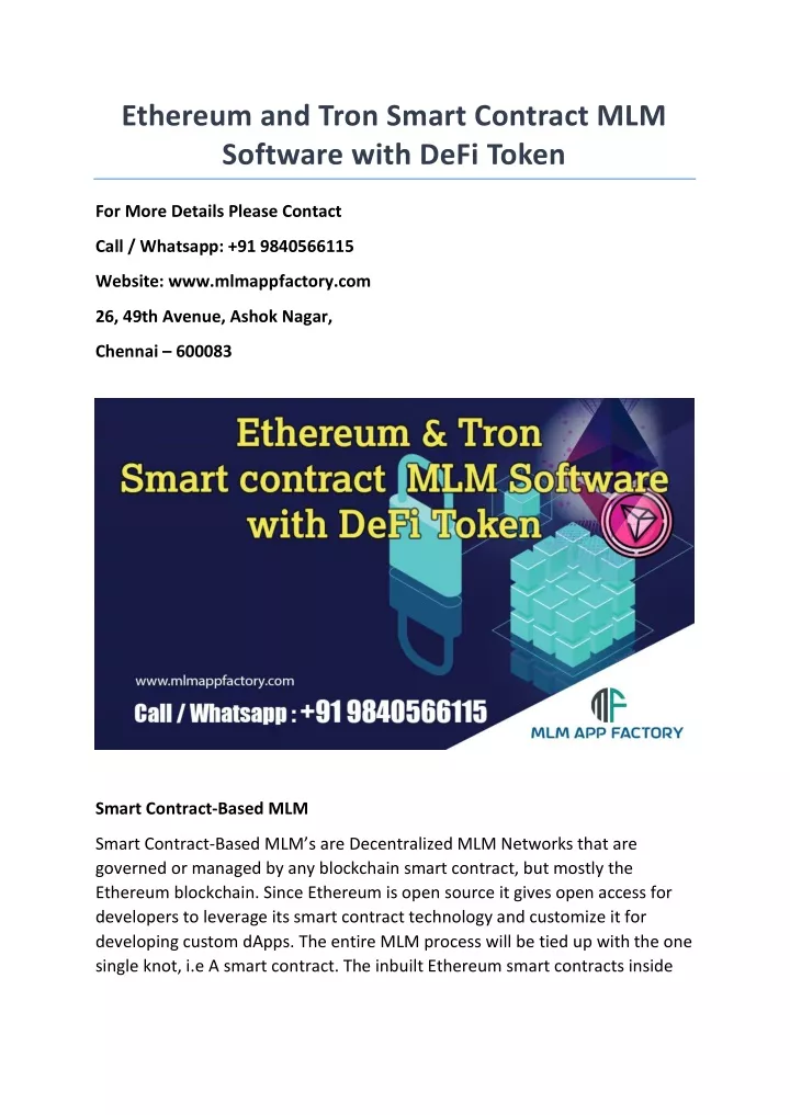 Ppt Ethereum And Tron Smart Contract Mlm Software With Defi Token