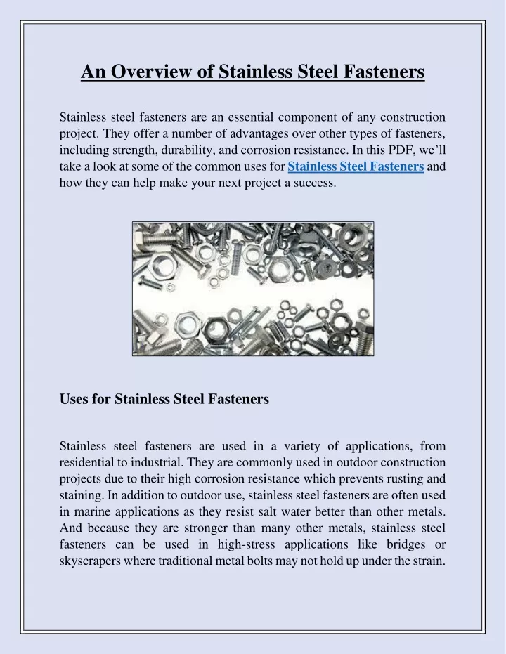 Ppt An Overview Of Stainless Steel Fasteners Powerpoint Presentation