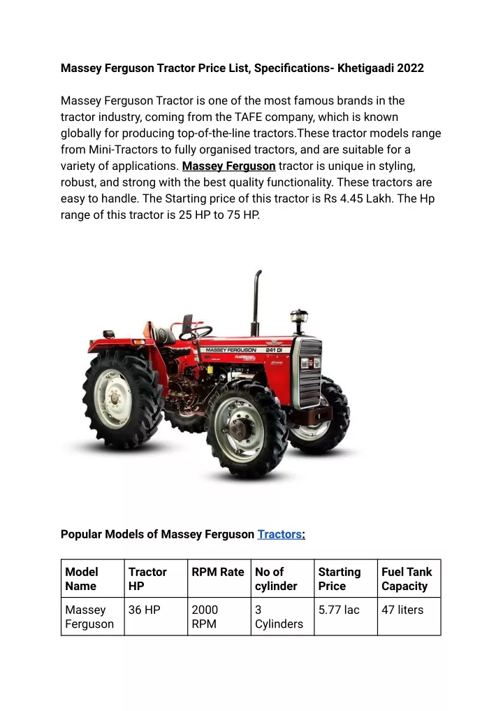 PPT Massey Ferguson Tractor Price List, Specifications Khetigaadi