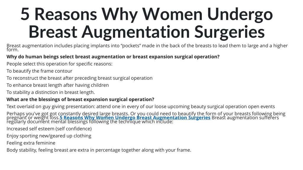 Ppt 5 Reasons Why Women Undergo Breast Augmentation Surgeries Powerpoint Presentation Id