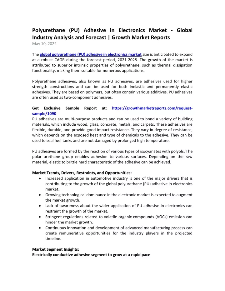PPT Polyurethane (PU) Adhesive in Electronics Market PowerPoint