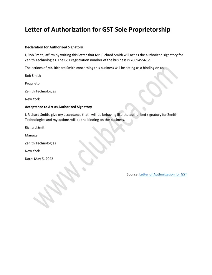 Ppt Letter Of Authorization For Gst Sole Proprietorship Format Powerpoint Presentation Id