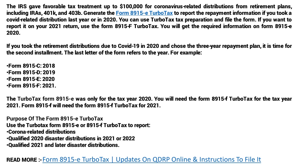 PPT Form 8915e TurboTax Updates On QDRP Online & Instructions To