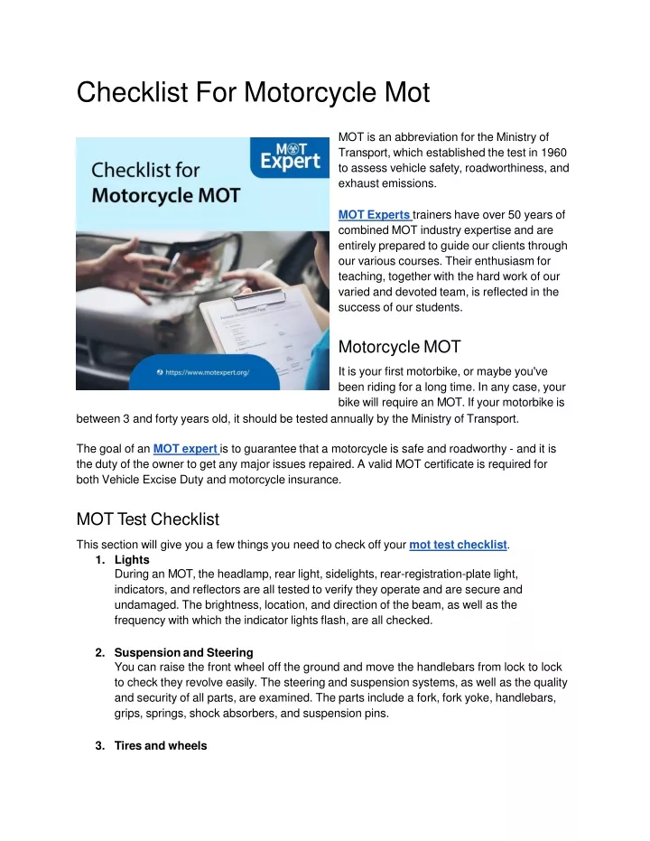 PPT - Checklist for Motorcycle MOT PowerPoint Presentation, free ...