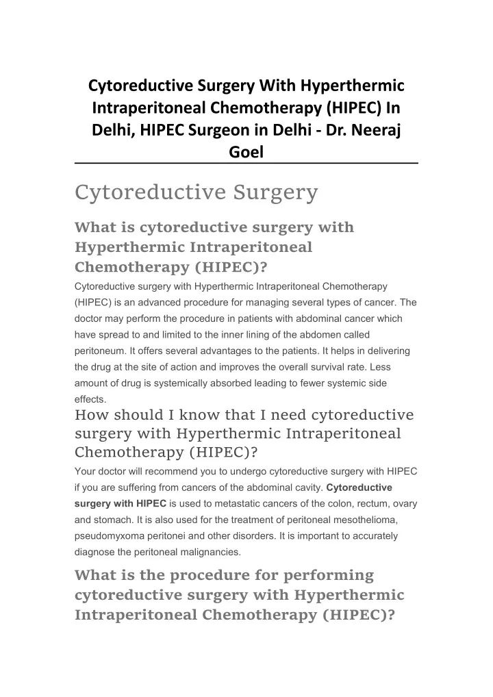 PPT - Cytoreductive Surgery ith HIPEC In Delhi, HIPEC Surgeon in Delhi ...