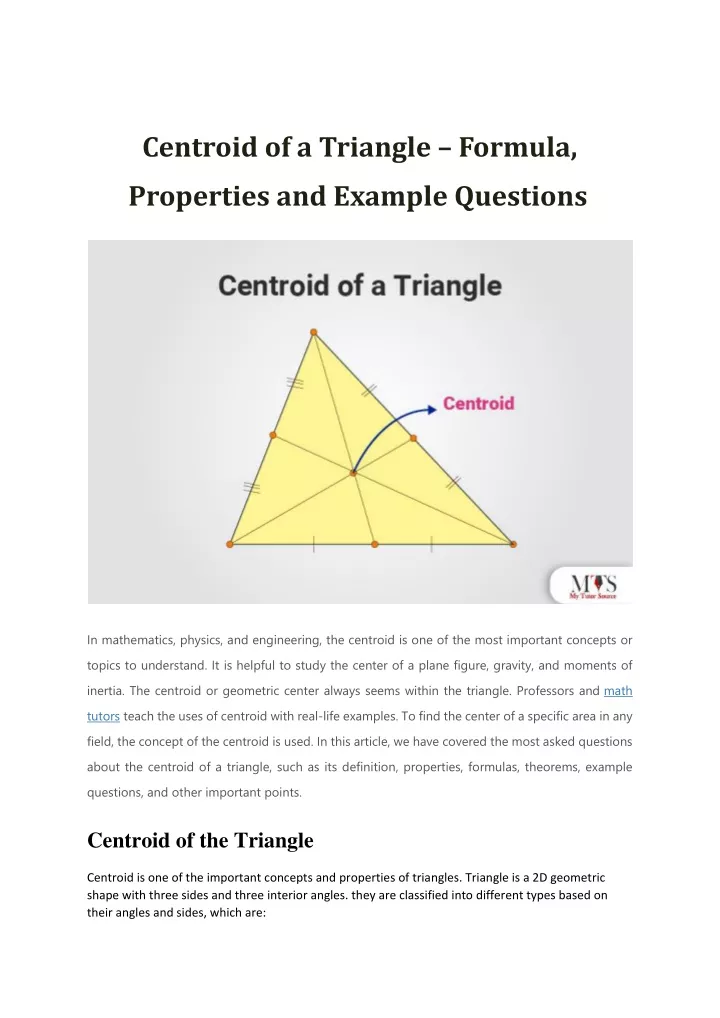 Ppt Centroid Of A Triangle Formula Properties And Example Questions Powerpoint Presentation 4344