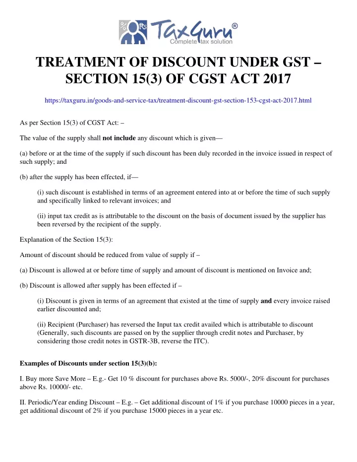 PPT Treatment Of Discount Under GST Section 15 3 Of CGST Act 2017 