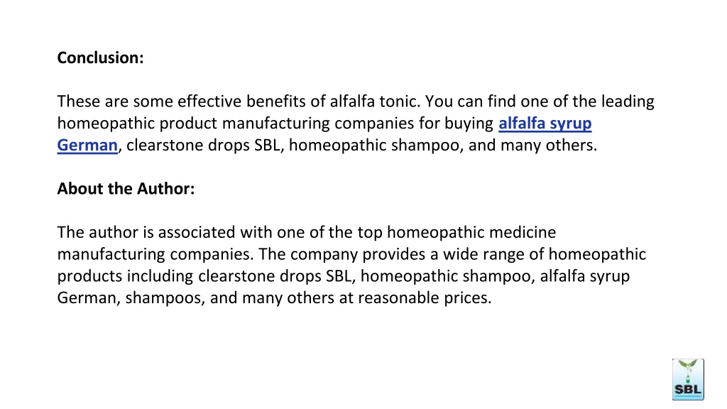 Alfalfa Tonic Homeopathic Medicine  Alfalfa Homeopathic Syrup & Drops -  SBL Global