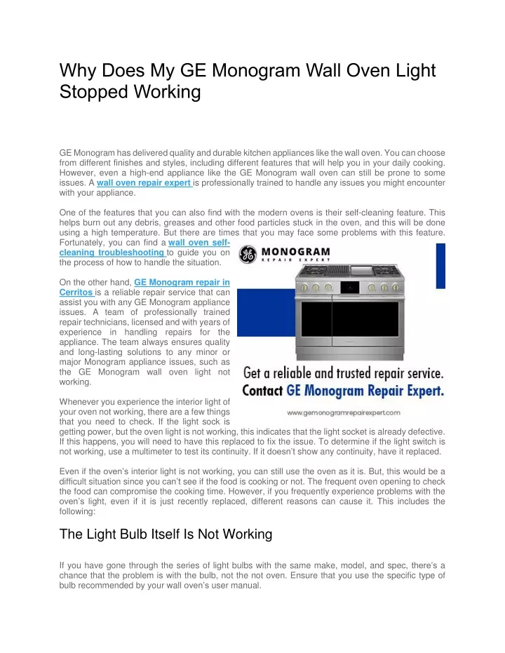 PPT Why Does My GE Monogram Wall Oven Light Stopped Working