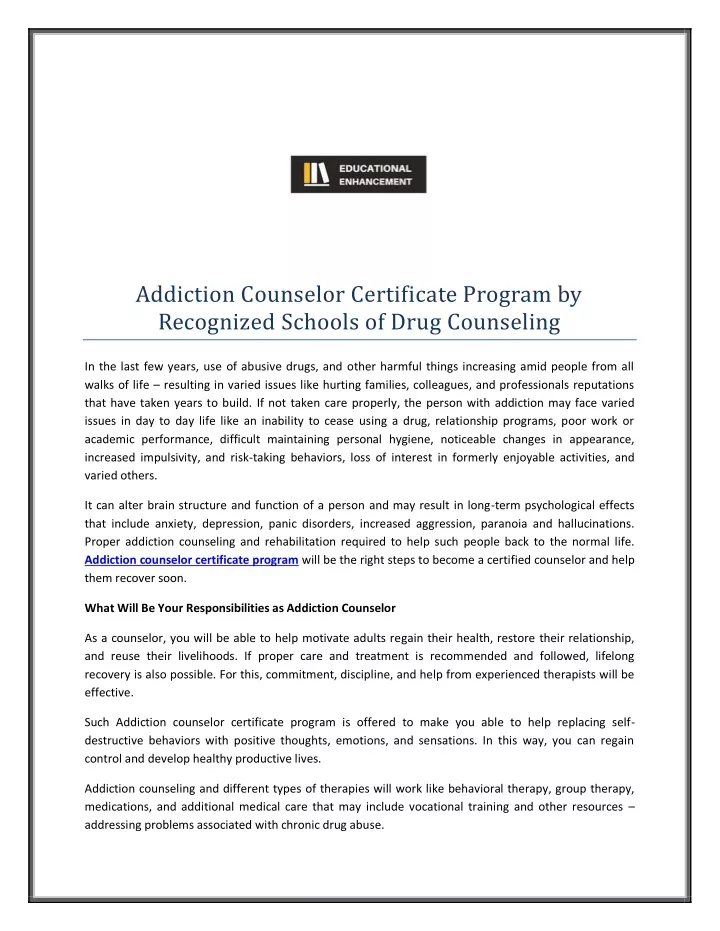 PPT Addiction Counselor Certificate Program by Recognized Schools of