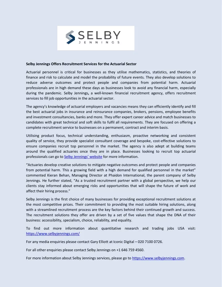 PPT Selby Jennings Offers Recruitment Services for the Actuarial