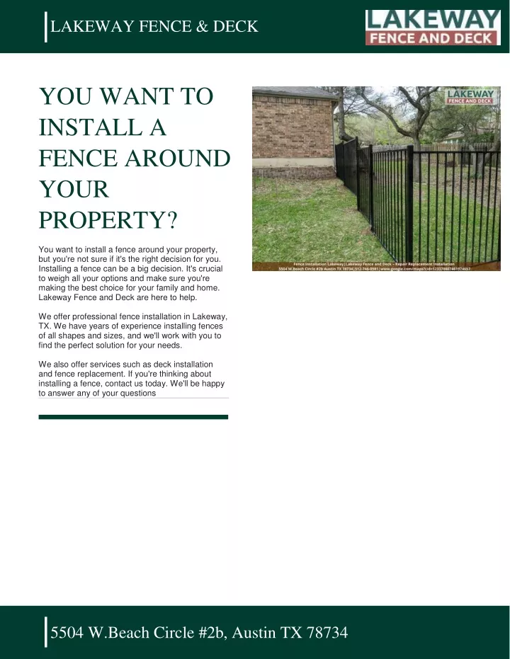 PPT LAKEWAY FENCE & DECK YOU WANT TO INSTALL A FENCE AROUND YOUR PROPERTY PowerPoint