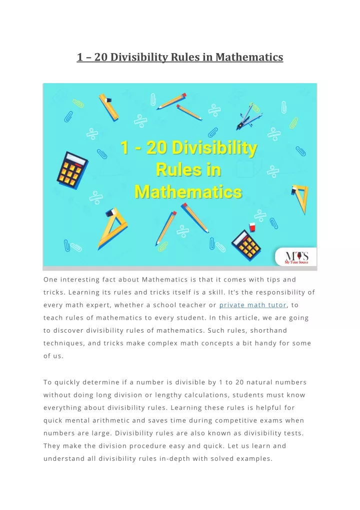 Ppt 1 To 20 Divisibility Rules In Mathematics Powerpoint Presentation