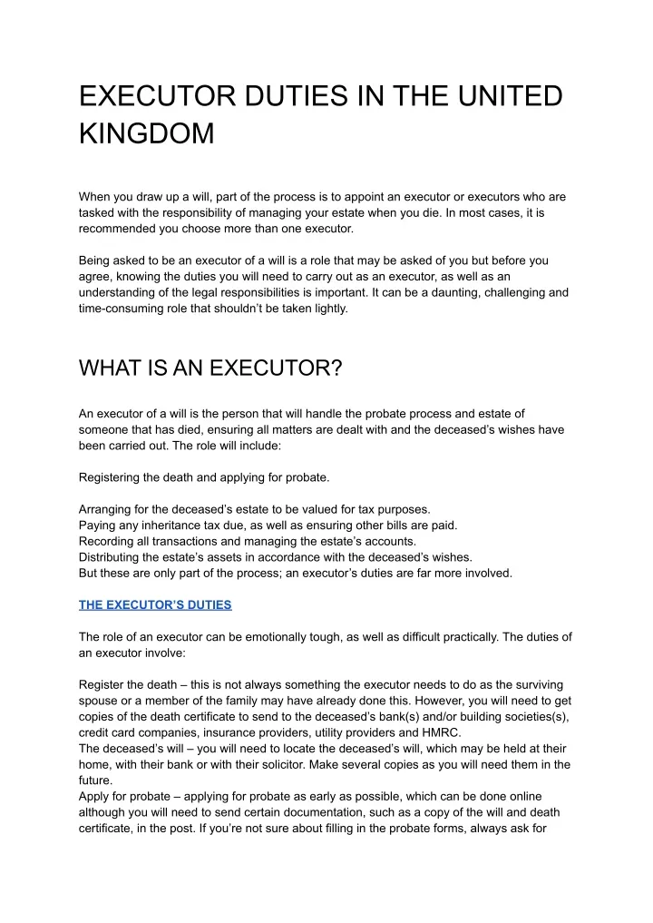 Executor Duties In The United Kingdom N 