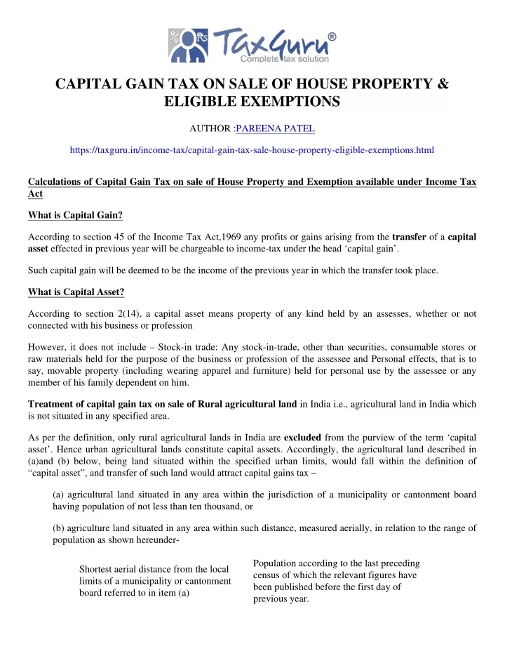 PPT - Capital Gain Tax On Sale Of House Property & Eligible Exemptions ...