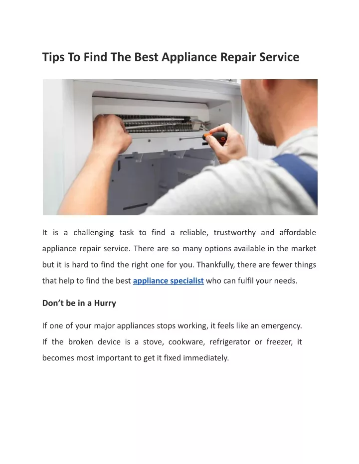 Ppt Tips To Find The Best Appliance Repair Service Powerpoint