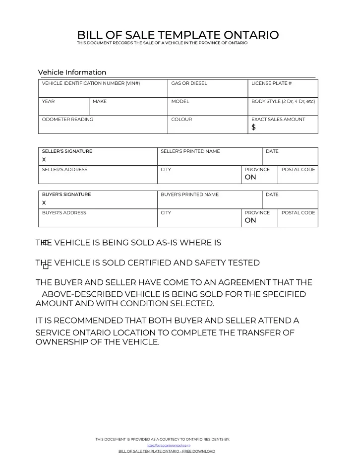 ontario bill of sale car template