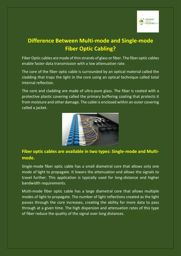 PPT Difference Between Multimode and Singlemode Fiber Optic Cabling