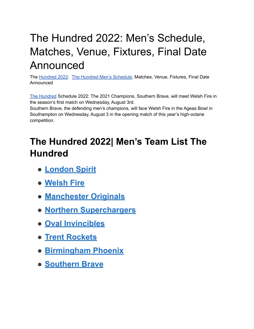 Ppt The Hundred 2022 Mens Schedule Matches Venue Fixtures Final Date Announced 0181