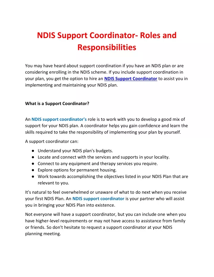 PPT NDIS Support Coordinator Roles And Responsibilities PowerPoint 