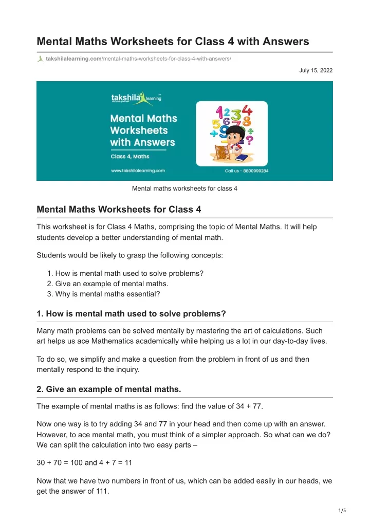PPT Mental Maths Worksheets For Class 4 With Answers PowerPoint 