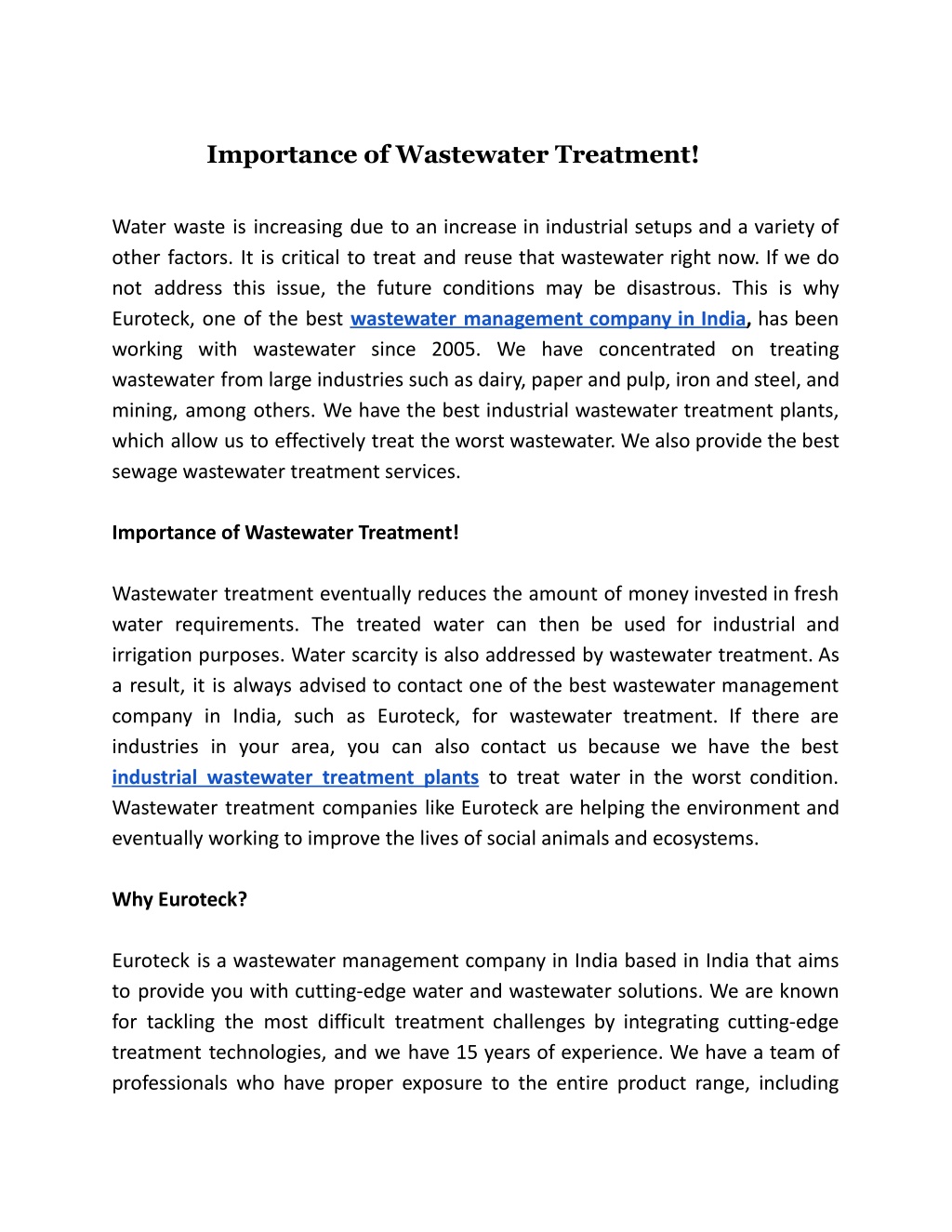 importance of wastewater treatment essay