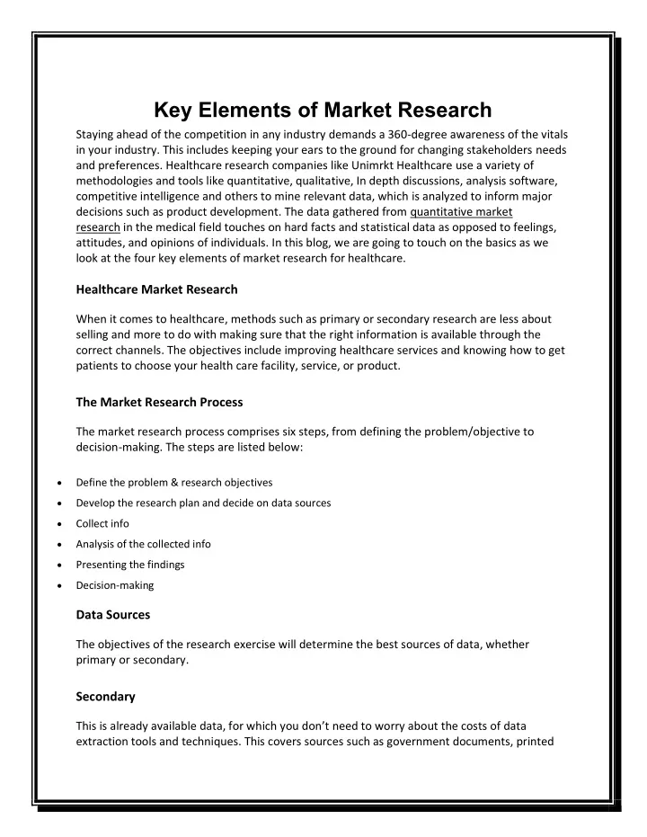 what are the elements of a market research report