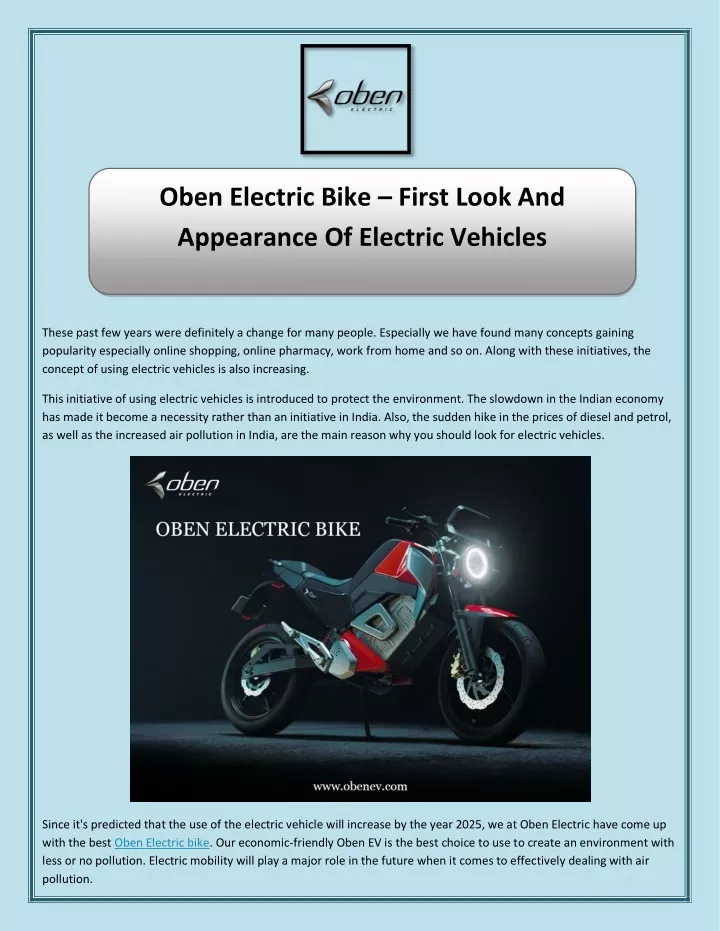PPT Oben Electric Bike First Look And Appearance Of Electric