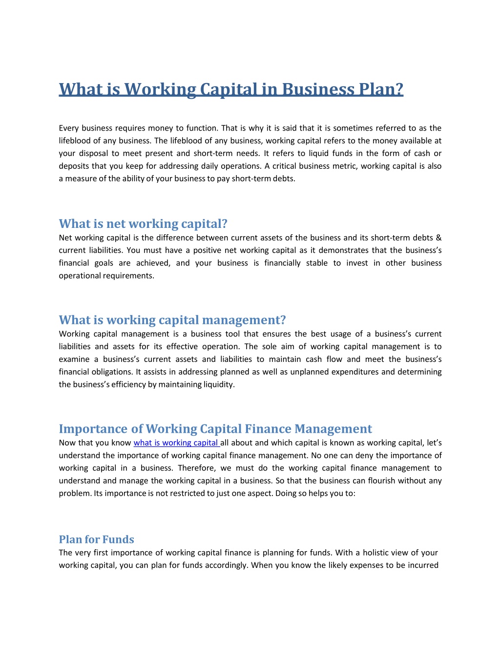 working capital in business plan