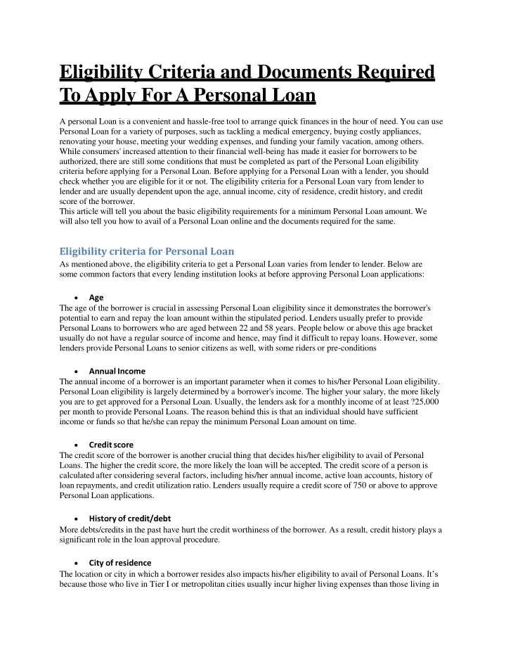 Ppt Eligibility Criteria And Required Documents To For Personal Loan Powerpoint Presentation 7149