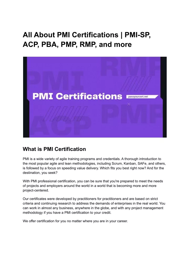 PPT - All About PMI Certifications _ PMI-SP, ACP, PBA, PMP, RMP, And ...