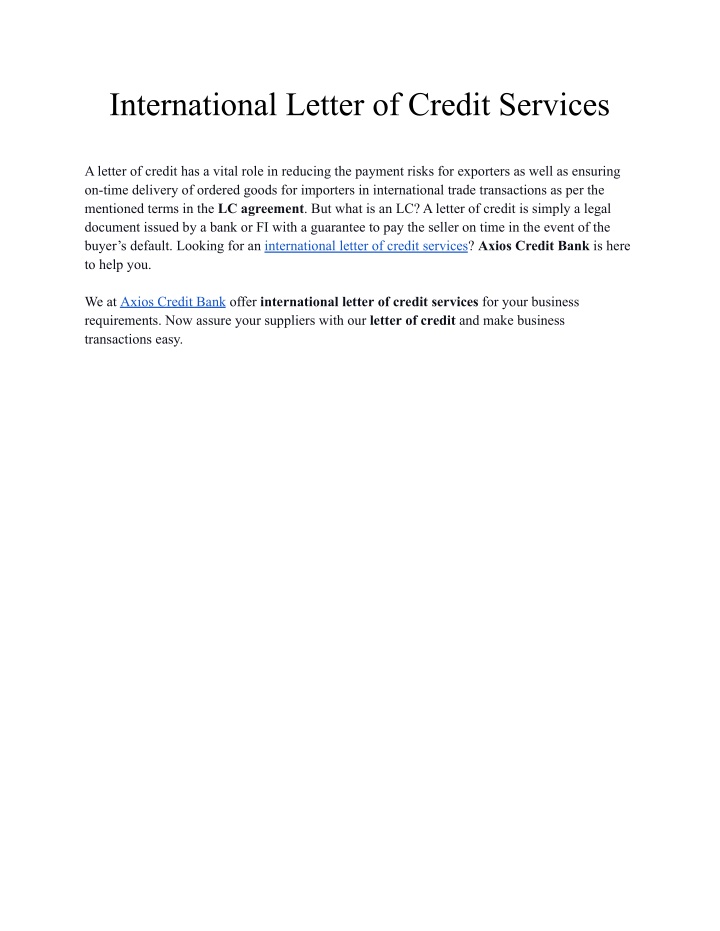 International Letter Of Credit Services N 