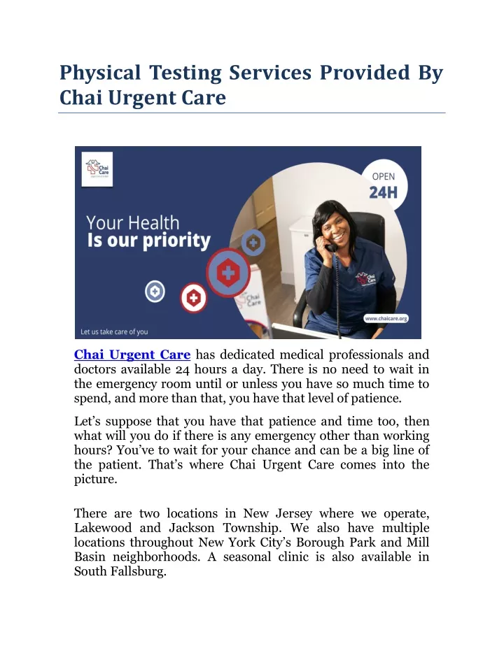 PPT Physical Testing Services Provided By Chai Urgent Care PowerPoint