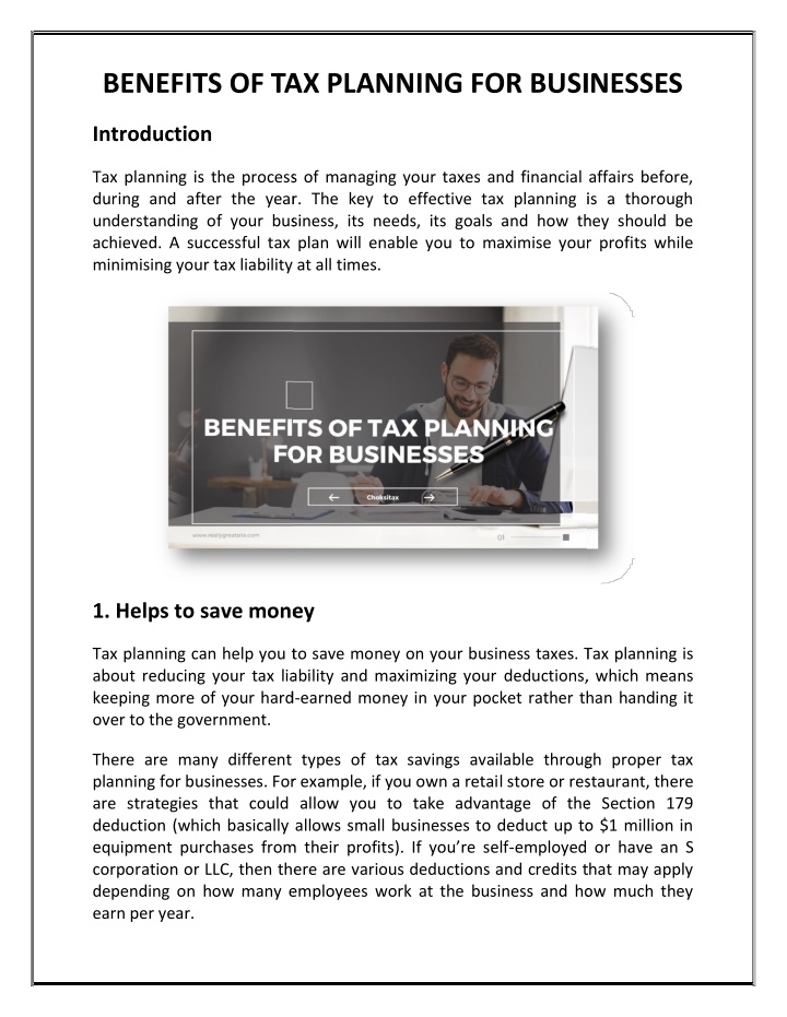 PPT - BENEFITS OF TAX PLANNING FOR BUSINESSES PowerPoint Presentation ...