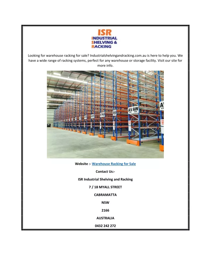 PPT - Warehouse Racking For Sale Industrialshelvingandracking.com.au ...
