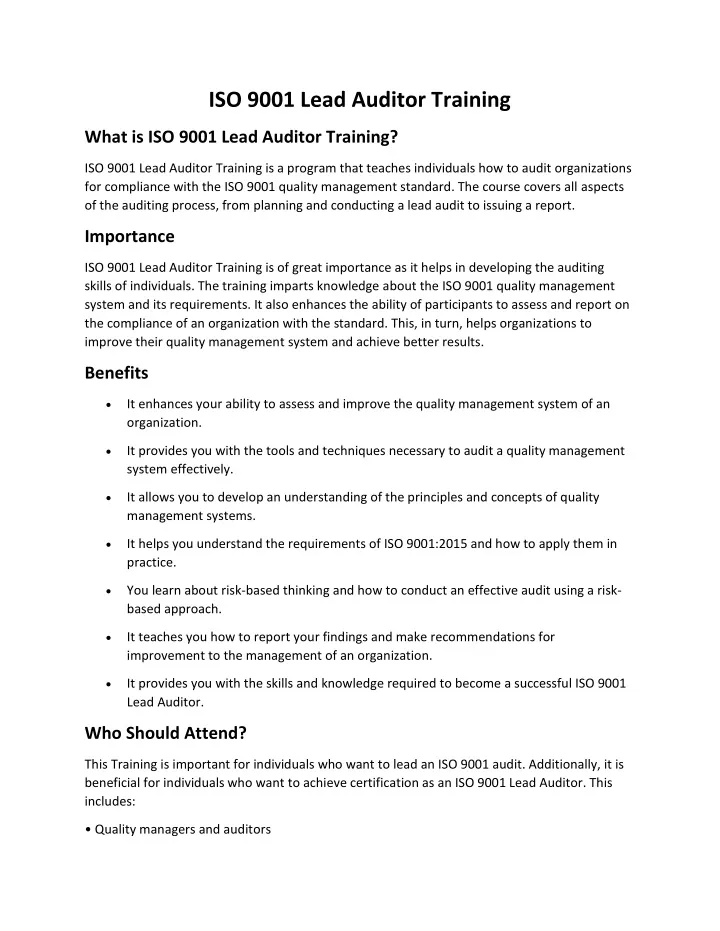 iso 9001 lead auditor training ppt