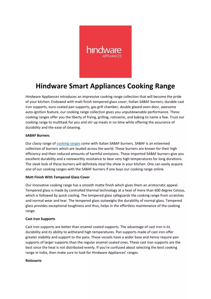 PPT Hindware Smart Appliances Cooking Range PowerPoint Presentation