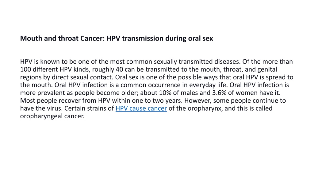 Ppt Mouth And Throat Cancer Hpv Transmission During Oral Sex