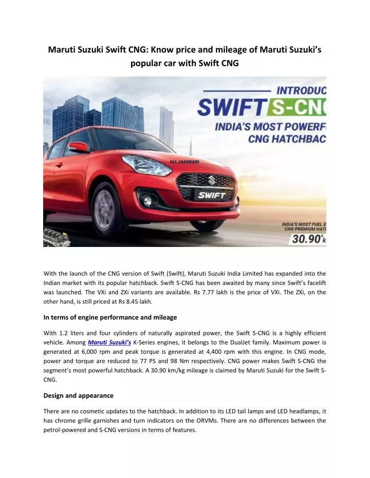 swift car price cng mileage