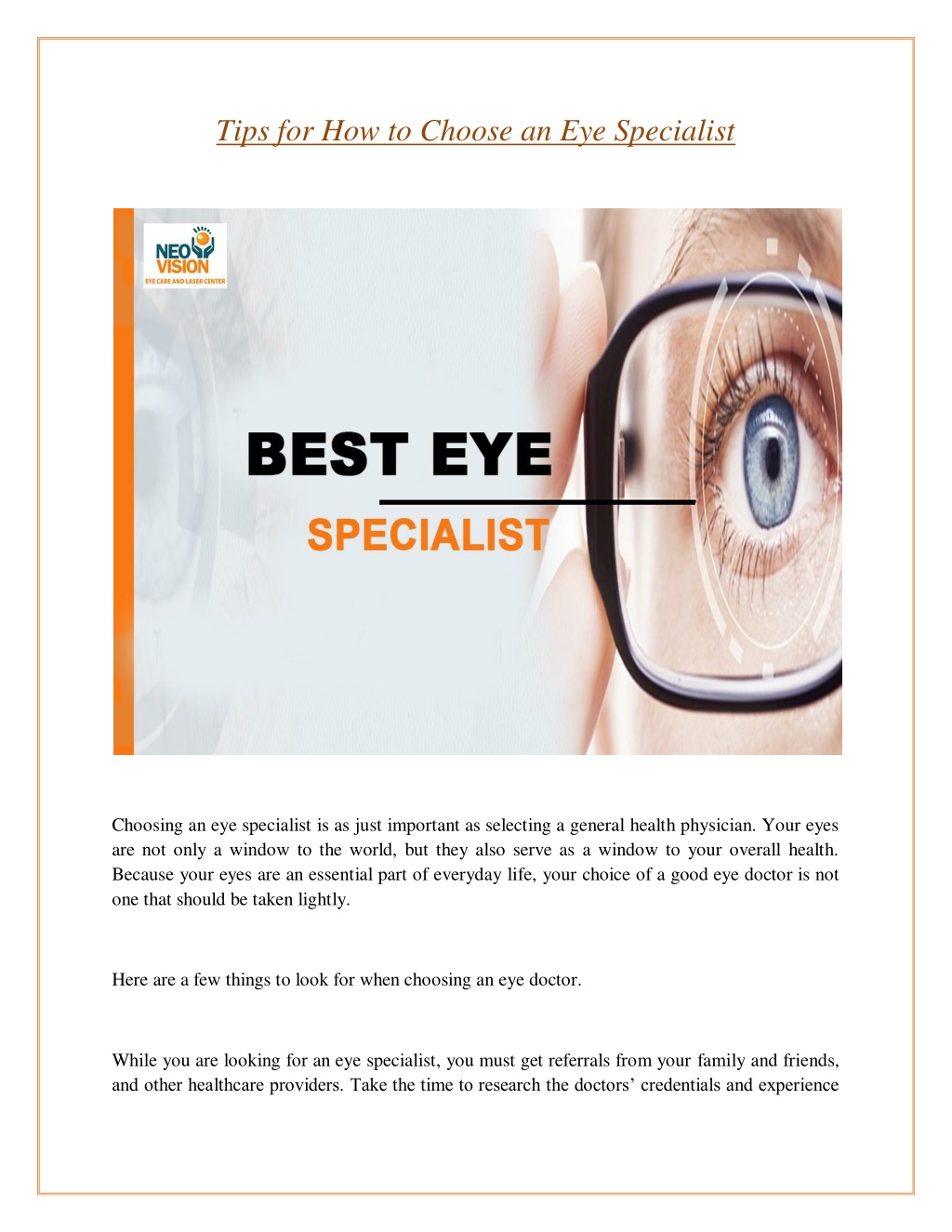 PPT Tips For How To Choose An Eye Specialist PowerPoint Presentation 