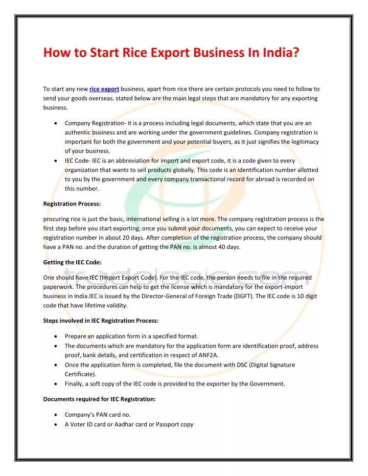 rice export business plan in india