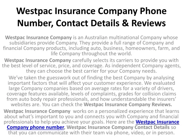 Westpac Car Insurance Contact Number