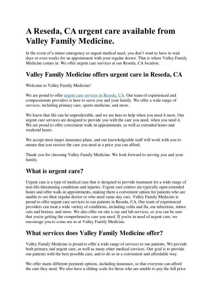 PPT  A Reseda, CA urgent care available from Valley Family Medicine