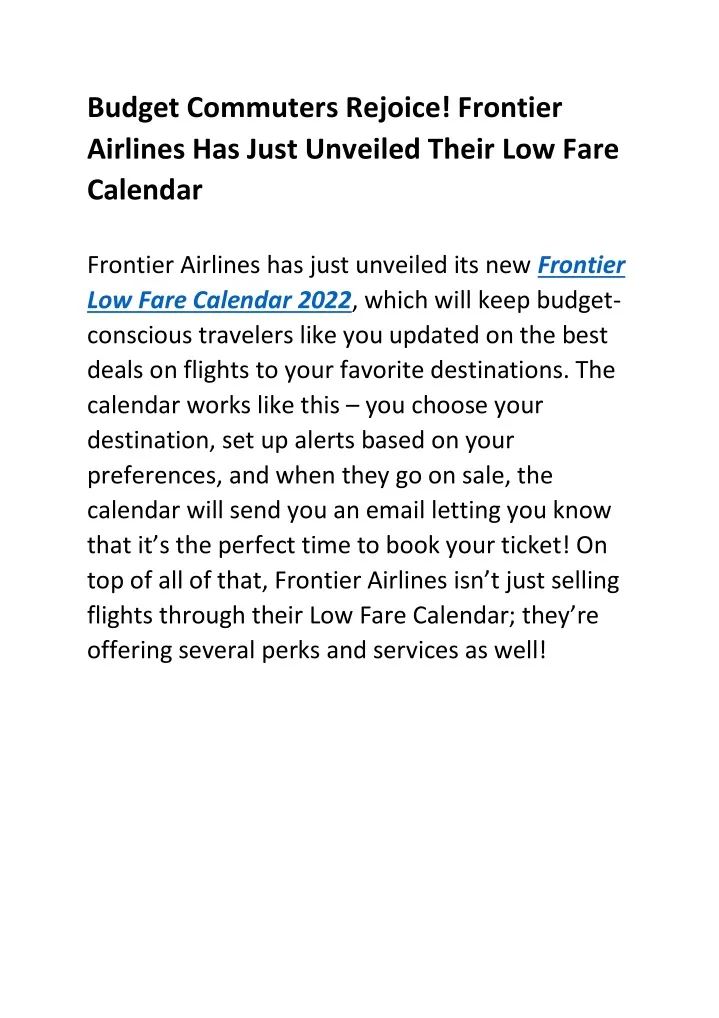 PPT Frontier Airlines Has Just Unveiled Their Low Fare Calendar