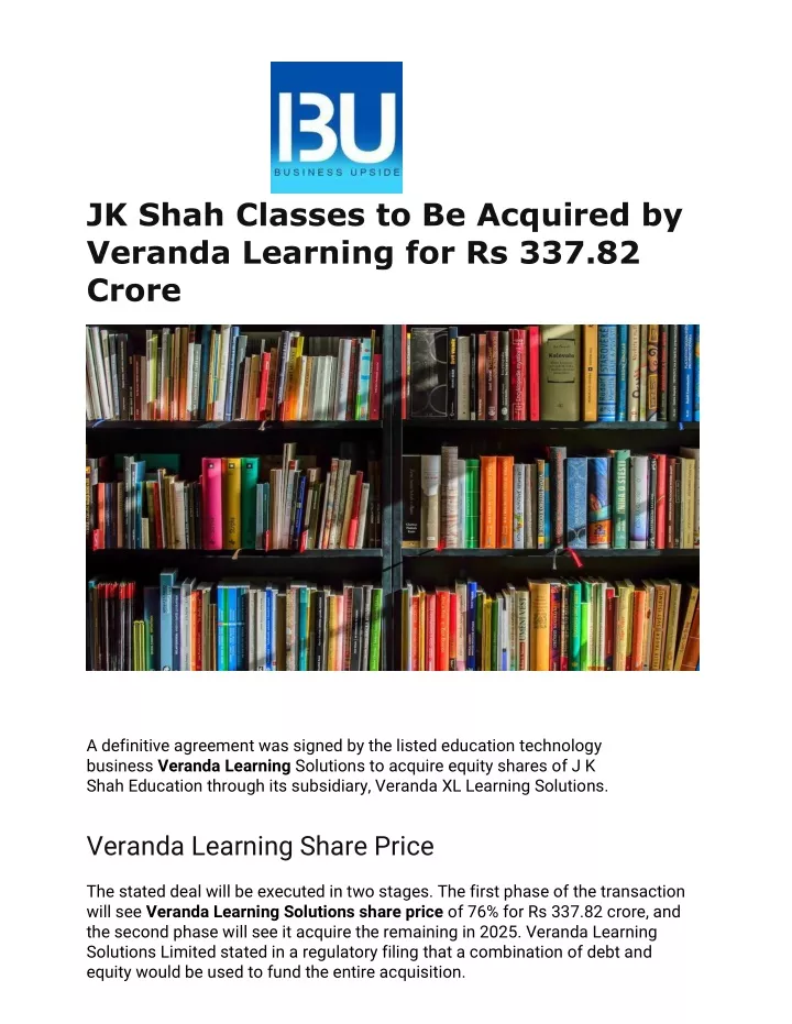 PPT - JK Shah Classes To Be Acquired By Veranda Learning For Rs 337.82 ...