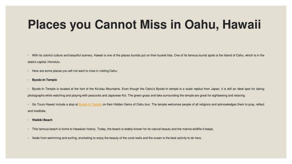 PPT Places you Cannot Miss in Oahu, Hawaii PowerPoint Presentation