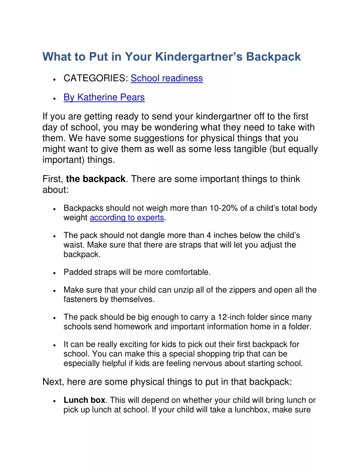 PPT What to Put in Your Kindergartner’s Backpack PowerPoint Presentation ID11741498