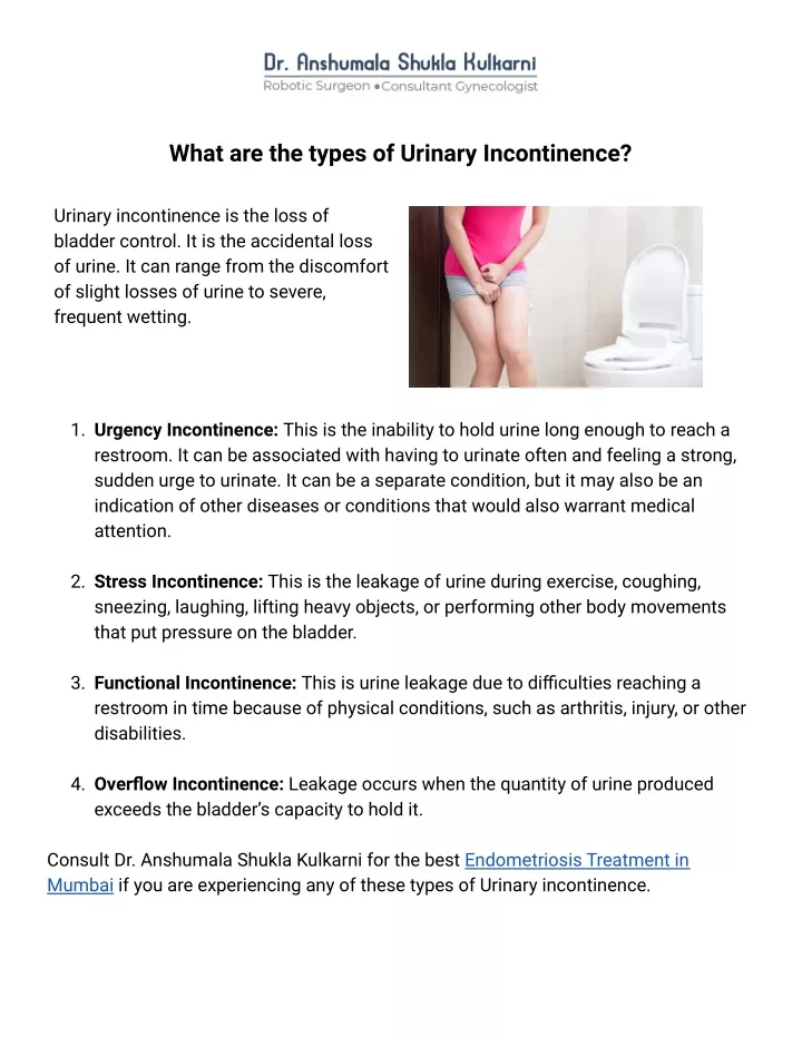 Ppt Types Of Urinary Incontinence Dr Anshumala Shukla Kulkarni